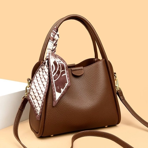Bolso De Mano Para Mujer Cuero PU Patrón Lichi Bolso De Hombro Con Pañuelo De Satén Decorativo Color Sólido Elegante Gran Capacidad
