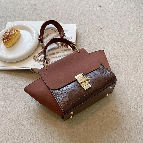 Borsa Tracolla Donna Pelle PU Coccodrillo Goffrato Cuciture Scamosciate Borsa A Mano Alata Moda Retrò Chiusura Metallo Ufficio