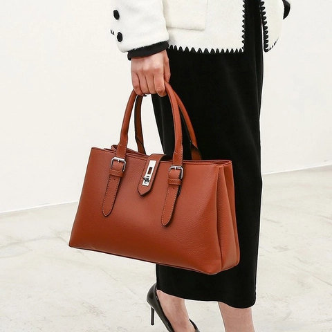 Women Handbag PU Leather Lychee Pattern Large Capacity Tote Bag Retro Vintage Style Shoulder Crossbody Bag With Metal Lock