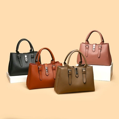 Women Handbag PU Leather Lychee Pattern Large Capacity Tote Bag Retro Vintage Style Shoulder Crossbody Bag With Metal Lock