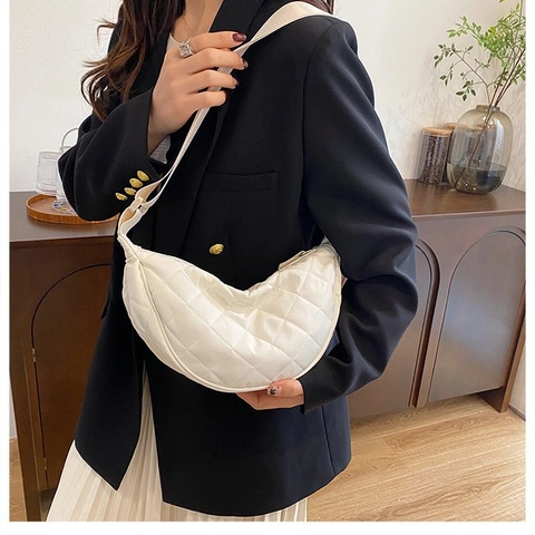 Quilted Nylon Half Moon Crossbody Bag Diamond Lattice Lightweight Shoulder Handbag Adjustable Strap Casual For Women
