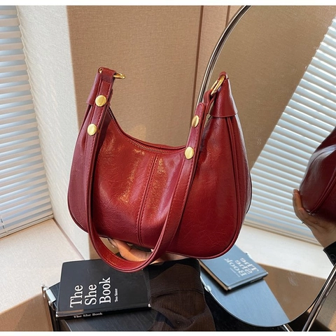 Bolso De Hombro Hobo De Cuero PU Retro Para Mujer Bolso De Media Luna Axila Cruzado Con Remaches Dorados Y Cremallera