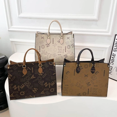 Bolso Tote Gran Capacidad Cuero PU Estampado Letras Monograma Costuras Contraste Mujer Conmutar Bolso Hombro Casual