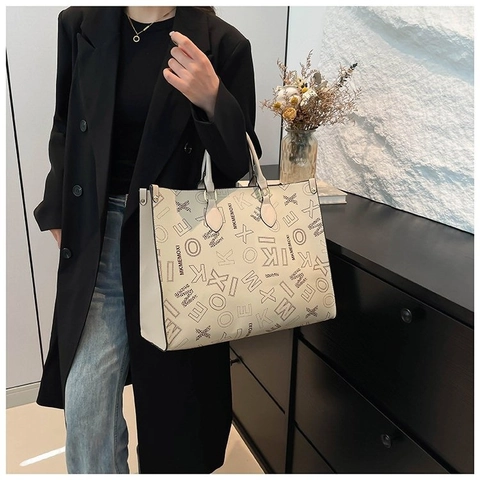 Bolso Tote Gran Capacidad Cuero PU Estampado Letras Monograma Costuras Contraste Mujer Conmutar Bolso Hombro Casual