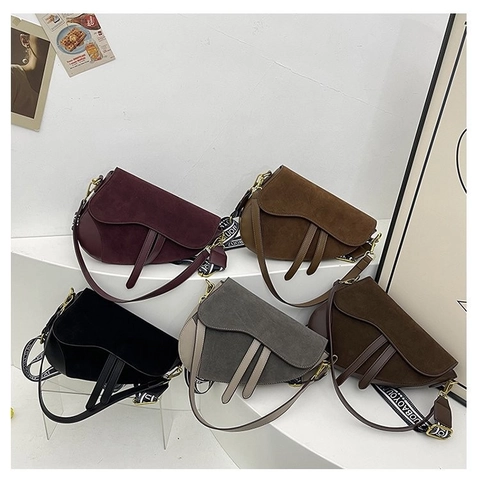 Borsa Sella Retro Donna PU Camoscio Patchwork Borsa Tracolla Mano Pendolare Casual Spalla Tracolla Larga Jacquard