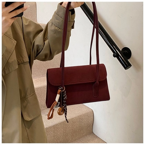 Vintage Women Shoulder Bag Suede PU Leather Flap Underarm Crossbody Purse Baguette Style With Retro Decorative Pendant Casual