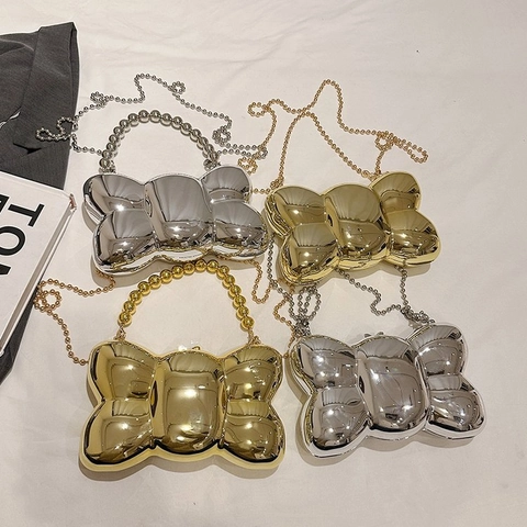 Borsa Da Sera Con Fiocco In Acrilico Specchio Con Manico In Perline E Tracolla A Catena Con Sfere Per Festa Elegante