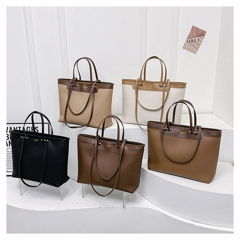 Vintage Women PU Leather Tote Bag Large Capacity Lychee Texture Commuter Shoulder Handbag Fashion Solid Color