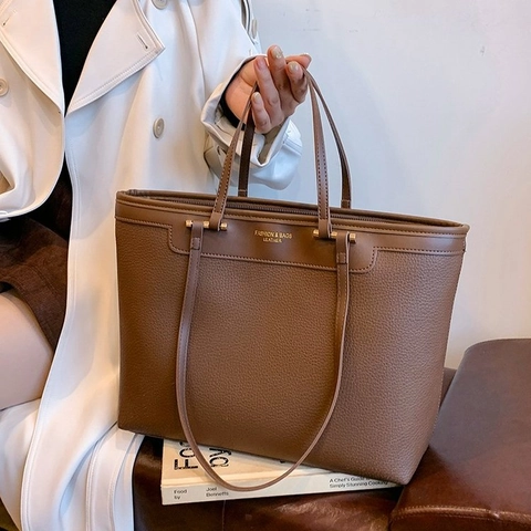 Vintage Women PU Leather Tote Bag Large Capacity Lychee Texture Commuter Shoulder Handbag Fashion Solid Color