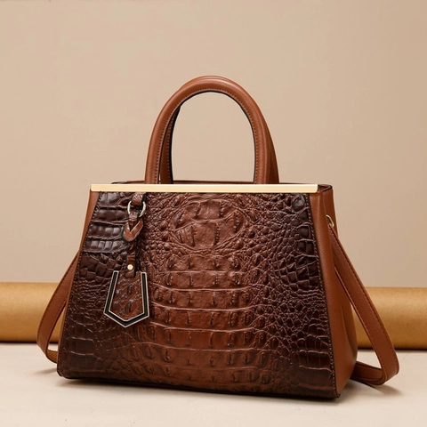 Crocodile Embossed PU Leather Handbag Gold Hardware Top Handle Crossbody Tote Bag For Women Commuter Elegant