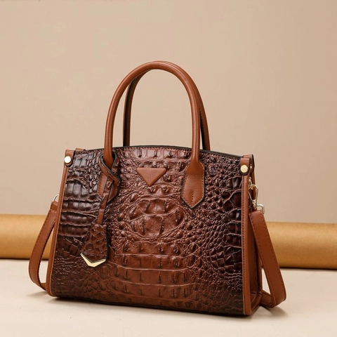 Women Crocodile Pattern Handbag PU Leather Tote With Adjustable Strap Triangular Plaque Vintage Casual Chic Ladies Crossbody