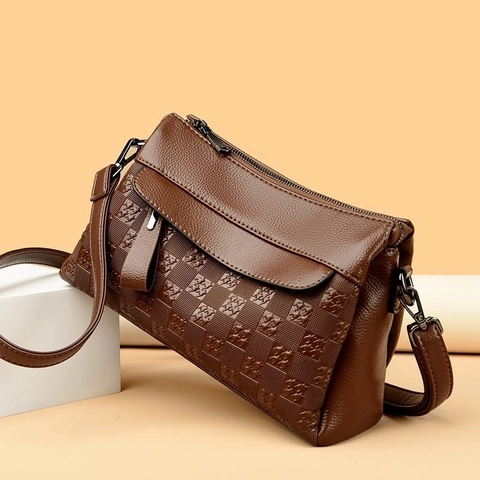 Women Crossbody Bag PU Leather Checkerboard Embossed Houndstooth Pattern Multi Layer Zippered Casual Stylish Square Bag