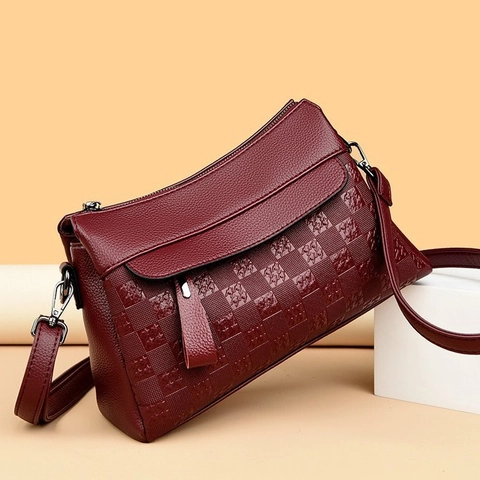 Women Crossbody Bag PU Leather Checkerboard Embossed Houndstooth Pattern Multi Layer Zippered Casual Stylish Square Bag