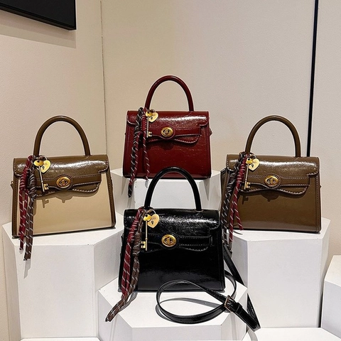 Vintage Women PU Leather Crossbody Bag Glossy Top Handle Handbag Retro Square Contrast Color Twist Lock Heart Key Charm
