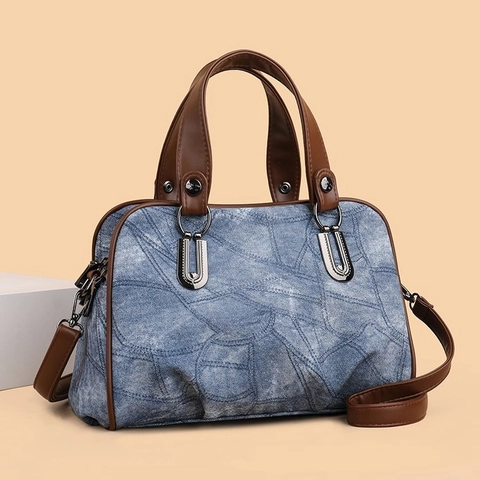 Borsa A Spalla Da Donna Retrò Texture Denim Pelle PU A Mano Con Tracolla Regolabile Vintage Casual