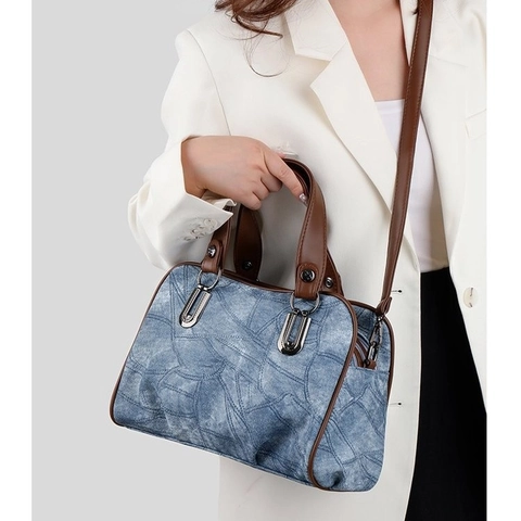 Borsa A Spalla Da Donna Retrò Texture Denim Pelle PU A Mano Con Tracolla Regolabile Vintage Casual