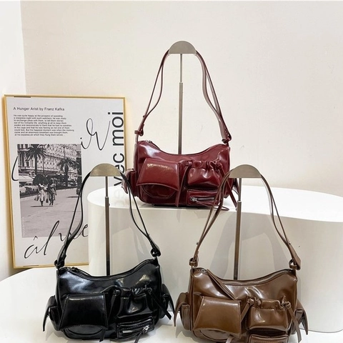 Sac À Bandoulière En Cuir PU Brillant Pour Femme Rétro Cargo Multi Poches Fonctionnel Moto Style Épaule Large Sangle