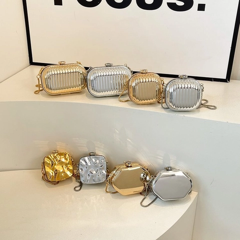Mini Evening Clutch Bag Metallic Texture Acrylic Hard Shell Chain Crossbody Purse For Women Party Wedding Gold Silver