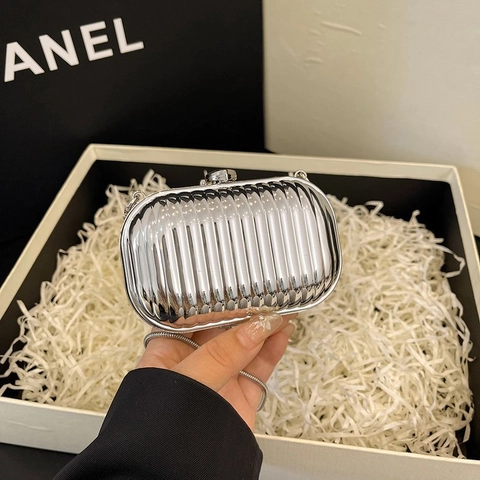 Mini Evening Clutch Bag Metallic Texture Acrylic Hard Shell Chain Crossbody Purse For Women Party Wedding Gold Silver