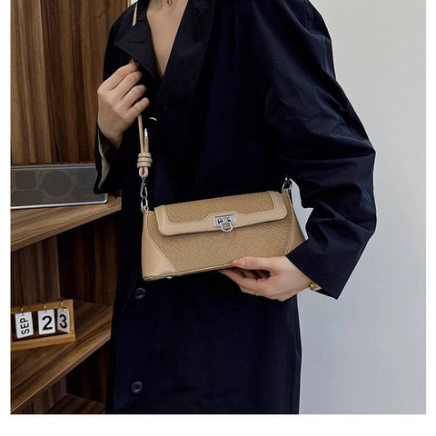 Borsa Tracolla Donna Vintage Pelle PU Patchwork Tessuto Intrecciato Baguette Borsa Spalla Fibbia Argento Tracolla Nodo