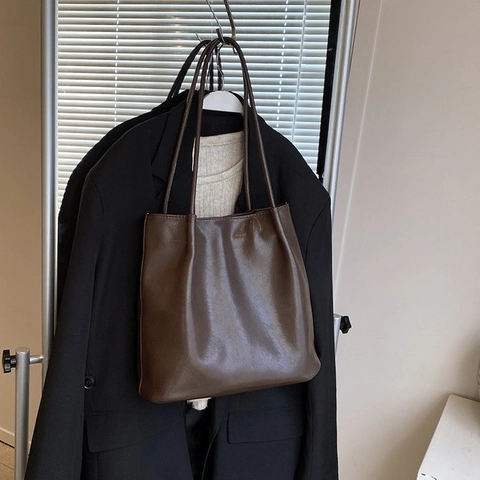 Minimalist Large Capacity Tote Bag Soft PU Leather Shoulder Underarm Bag French Retro Style For Women Daily Commuting