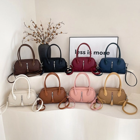 Sac À Main Boston Pour Femmes En Cuir PU Grainé Avec Fermeture Éclair À Gland Double Poignée Bandoulière Amovible Sac Quotidien