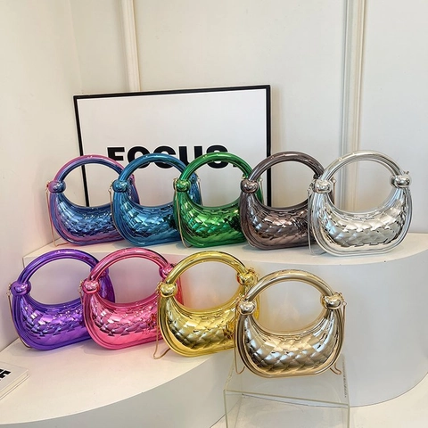 Borsa Da Sera Mezzaluna Specchio Metallico Trapuntata Diamante Manico Anello Tondo Borsa A Mano Catena Oro Donna Lusso