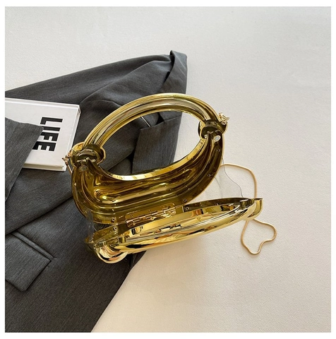 Borsa Da Sera Mezzaluna Specchio Metallico Trapuntata Diamante Manico Anello Tondo Borsa A Mano Catena Oro Donna Lusso
