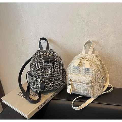 Mini Backpack Tweed Fabric And PU Leather Elegant Grid Pattern Gold Hardware Bow Decor For Women Girls