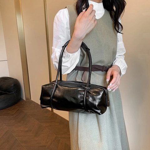 Glossy PU Leather Barrel Shoulder Bag Retro Underarm Handbag Boston Bag For Women Daily Commuting Chic Style