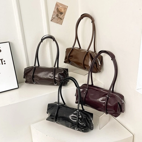 Glossy PU Leather Barrel Shoulder Bag Retro Underarm Handbag Boston Bag For Women Daily Commuting Chic Style
