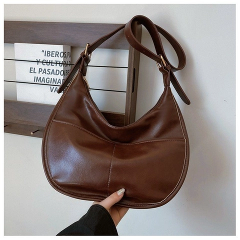 Women PU Leather Hobo Bag Large Capacity Stitching Half Moon Shoulder Crossbody Bag Retro Casual Commuting