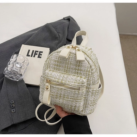 Mini Backpack Tweed Fabric And PU Leather Elegant Grid Pattern Gold Hardware Bow Decor For Women Girls