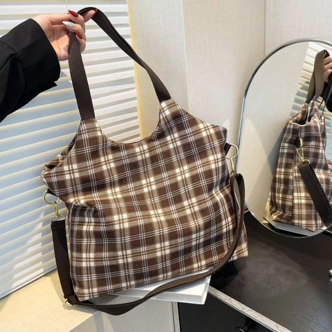 Große Canvas Tote Bag Leopard Print Karo Muster Crossbody Schulter Handtasche Für Damen Casual Commute Retro