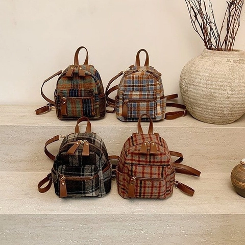 Damen Mode Karo Mini Rucksack Wollstoff Kleiner Rucksack Süßer Britischer Stil Täglicher Reise Schulranzen Damen Handtasche