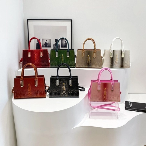 Borsa Da Donna In Pelle PU Con Motivo A Coccodrillo Quadrata Tracolla E Spalla Con Dettagli Dorati Versatile Manico