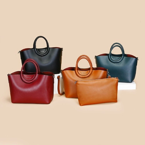 Women Retro Lychee Textured PU Leather Tote Bag And Pouch Braided Round Handles Large Capacity Detachable Shoulder Strap
