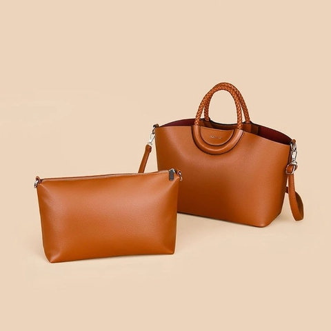 Women Retro Lychee Textured PU Leather Tote Bag And Pouch Braided Round Handles Large Capacity Detachable Shoulder Strap