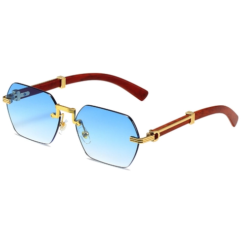 Rimless Octagon Sunglasses Wood Grain Temples Metal Bridge Geometric Cut Gradient PC Lens Retro Luxury Fashion Eyewear