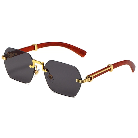 Rimless Octagon Sunglasses Wood Grain Temples Metal Bridge Geometric Cut Gradient PC Lens Retro Luxury Fashion Eyewear