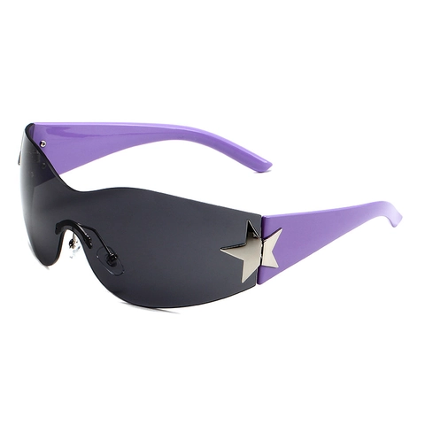 Shield Sunglasses Rimless UV400 One Piece PC Lens Wrap Around With Star Metal Decoration Y2K Fashion For Cycling Outdoor Unisex