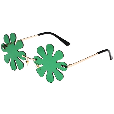 St Patrick's Day Green Shamrock Flower Heart Shaped Sunglasses Rimless Metal Frame Party Eyewear For Men Women Festival Costume Props