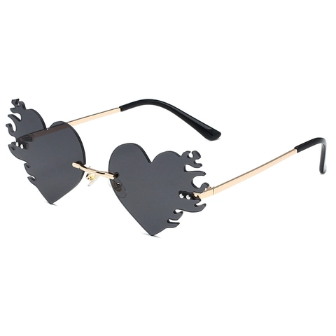 Heart Flame Sunglasses Rimless Metal Frame UV400 Trendy Novelty Party Festival Rave Unique Eyewear For Women Men