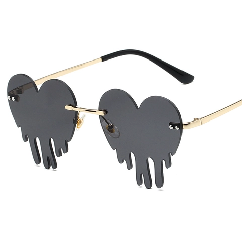 Lunettes de Soleil Sans Monture en Forme de Cœur Fondant pour Femmes Hommes Monture en Métal Doré Design Unique de Goutte Y2K UV400