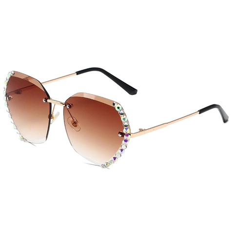 Damen Oversized Randlose Sonnenbrille Strassbesatz Verlauf Polygon Gläser Mode UV400 Schutz Metallrahmen Brille