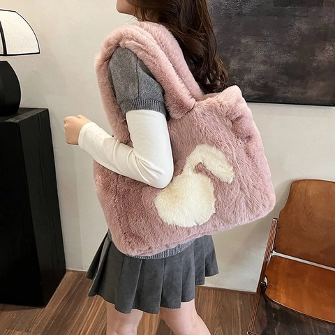 Borsa Tote In Pelliccia Sintetica Da Donna Con Motivo Coniglio Bianco Grande Borsa A Spalla Morbida Invernale