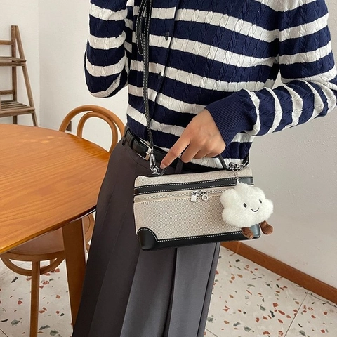 Borsa A Mano In Tela E Pelle Sintetica Splicing Box Borsa A Tracolla Doppia Cerniera Manico Superiore Vintage Casual Con Nuvola