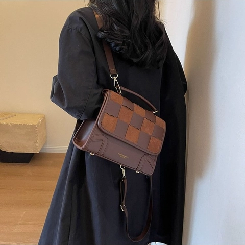 Zaino Donna Retro Scacchiera Pelle PU Camoscio Patchwork Borsa Tracolla Manico Superiore Vintage Borsa A Mano Multifunzione