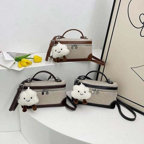 Borsa A Mano In Tela E Pelle Sintetica Splicing Box Borsa A Tracolla Doppia Cerniera Manico Superiore Vintage Casual Con Nuvola
