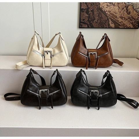Vintage PU Leather Hobo Bag For Women With Large Silver Buckle Double Zipper Decor Retro Shoulder Crossbody Bag Adjustable Strap